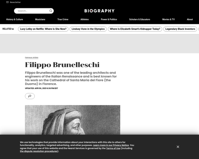 Screenshot of the Brunelleschi on Biography.com website