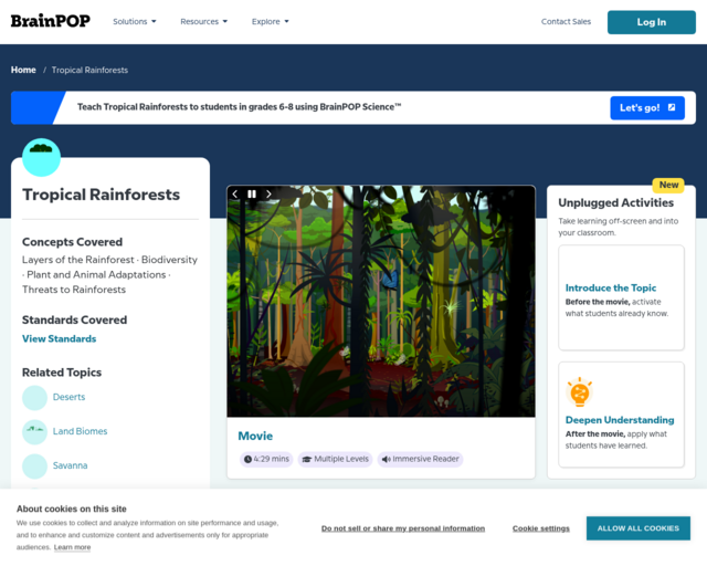 Screenshot of the Tropical Rainforests @ BrainPop website