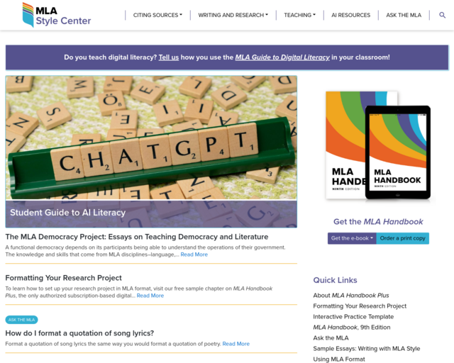 Screenshot of the MLA Style Center website