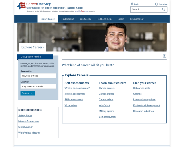 Screenshot of the Career One Stop - Explore Careers website
