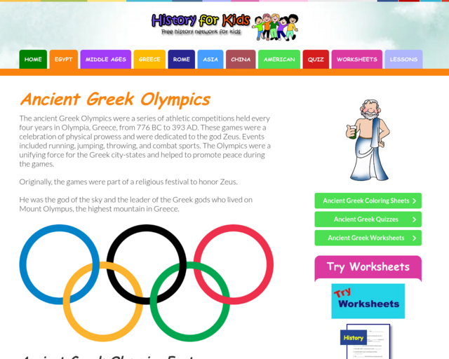 Screenshot of the History for Kids website