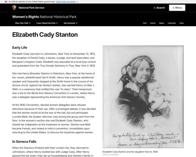 Screenshot of the Elizabeth Cady Stanton website
