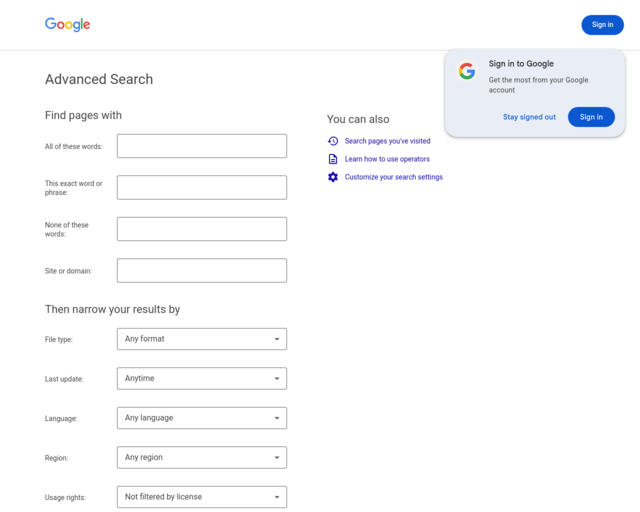 Screenshot of the Google Advanced Search website
