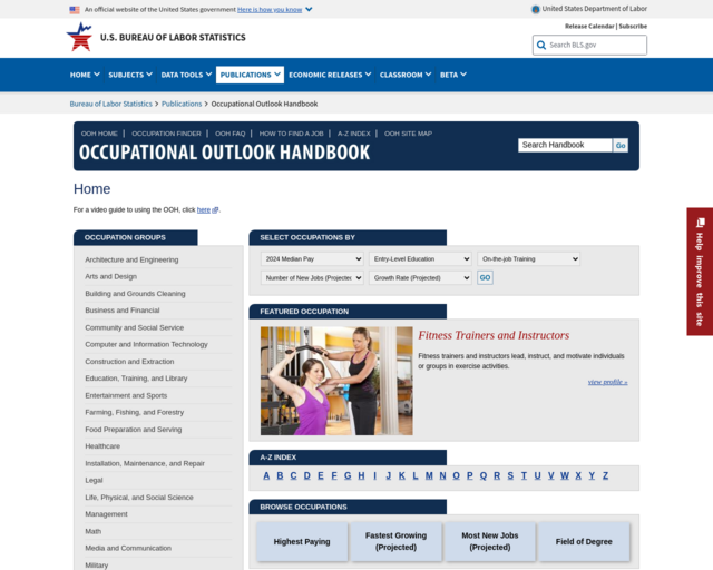 Screenshot of the US BLS Occupational Outlook Handbook website