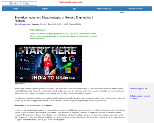 Screenshot of the Advantages and Disadvantages of Genetic Engineering website