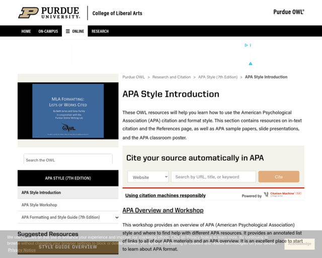 Screenshot of the Owl at Purdue - APA 7th website