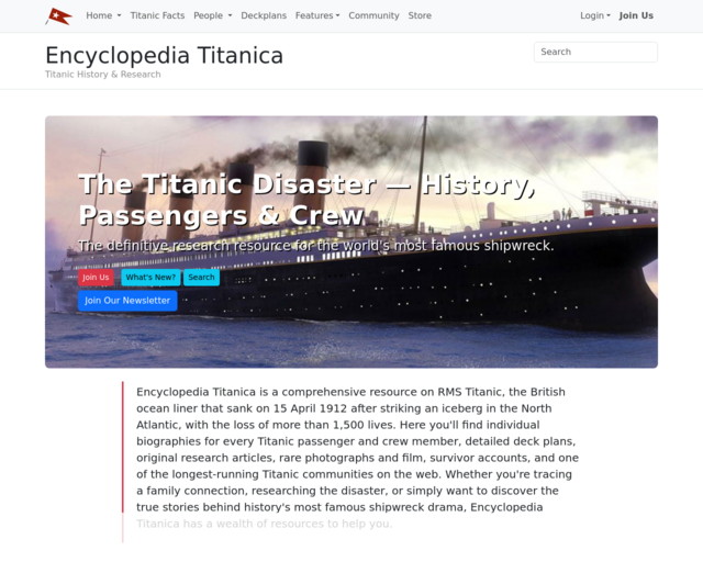 Screenshot of the Encyclopedia Titanica website