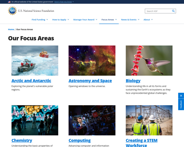 Screenshot of the National Science Foundation Focus Areas website