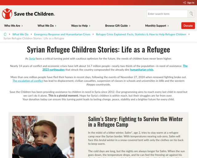 Screenshot of the Syrian Refugee Children Stories: Life as a Refugee website