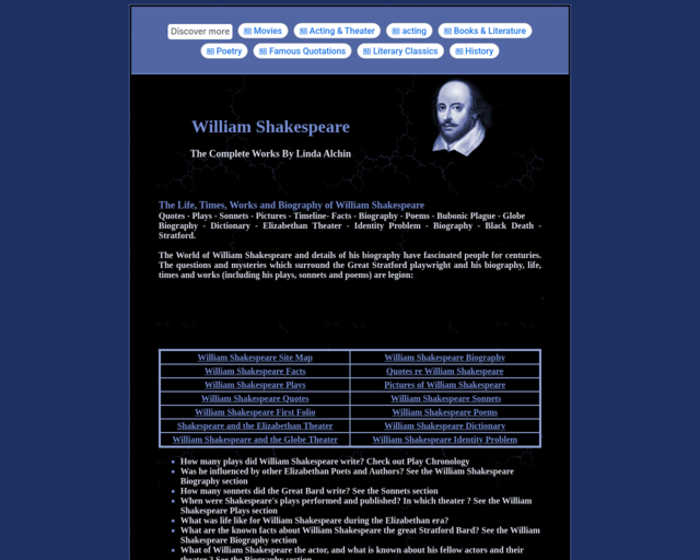 Screenshot of the William Shakespeare (Linda Alchin) website