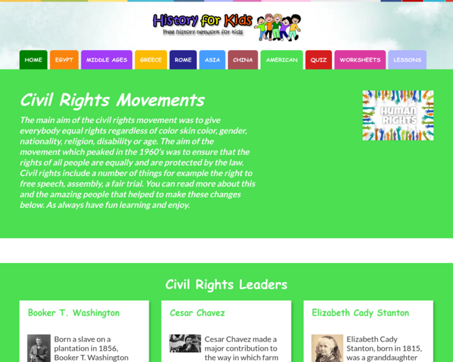 Screenshot of the Civil Rights Leaders @ History for Kids website