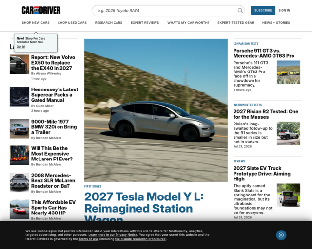 Screenshot of the Car and Driver website
