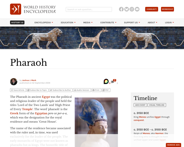 Screenshot of the Pharaoh - Ancient History Encyclopedia website