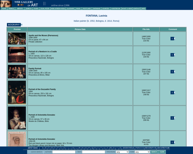Screenshot of the Web Gallery of Lavinia Fontana's Major Works website