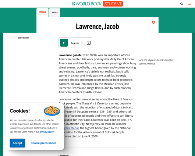 Screenshot of the Jacob Lawrence on World Book website