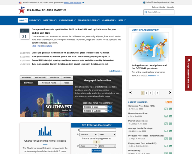 Screenshot of the Bureau of Labor Statistics website