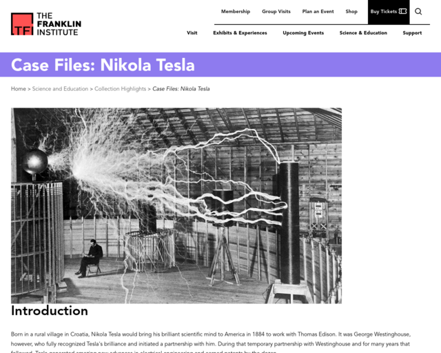 Screenshot of the Franklin Institute- Nikola Tesla website