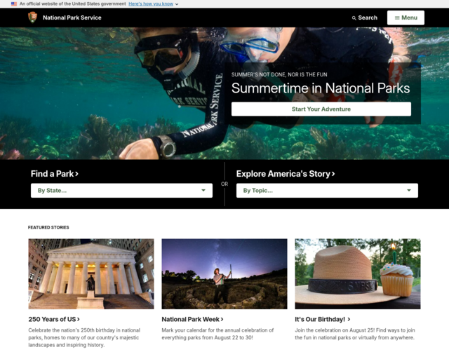 Screenshot of the National Park Service website