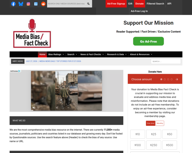 Screenshot of the Media Bias/Fact Check website
