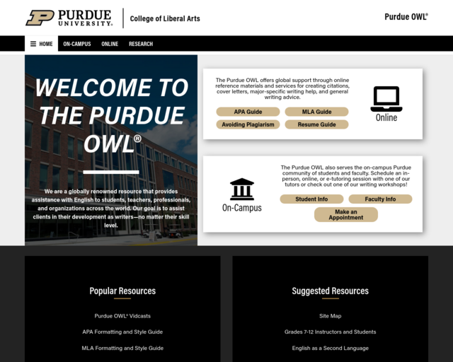 Screenshot of the Purdue OWL - Tips and Examples for Writing Thesis Statements website