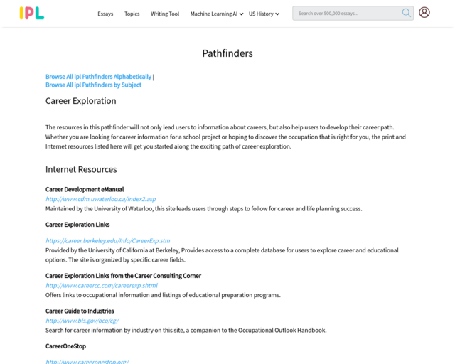 Screenshot of the Career Exploration website