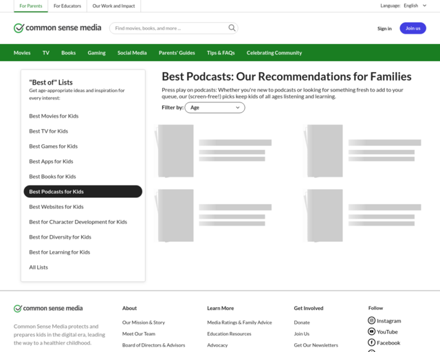 Screenshot of the Podcasts for Kids website