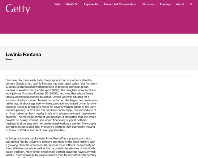 Screenshot of the Lavinia Fontana website