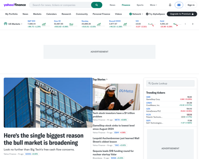 Screenshot of the Yahoo Finance website