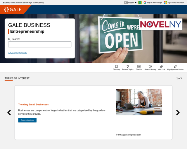 Screenshot of the Gale Business: Entrepreneurship website