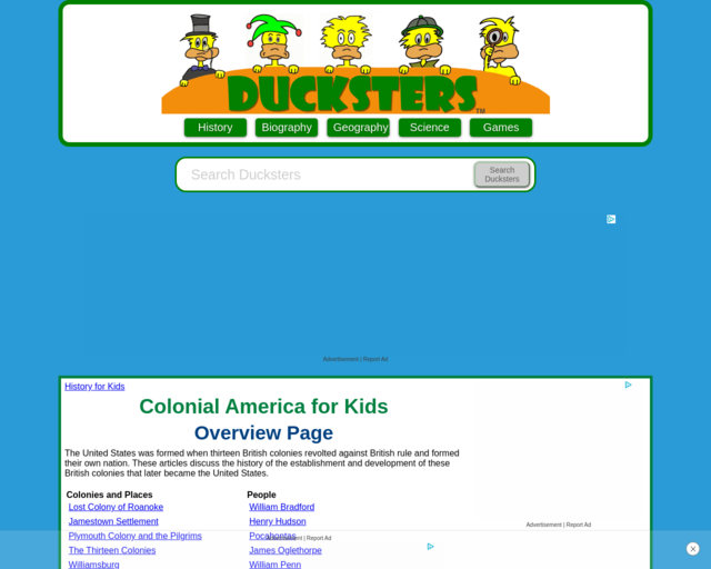 Screenshot of the Ducksters Colonial America website