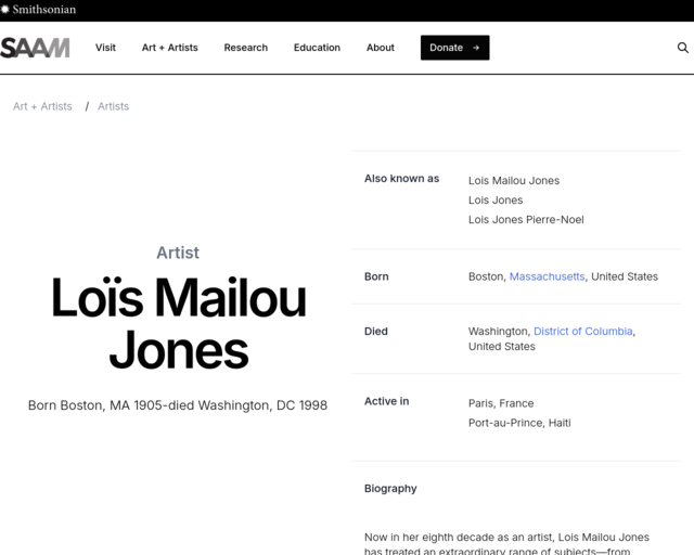 Screenshot of the Lois Mailou Jones at the Smithsonian American Art Museum website