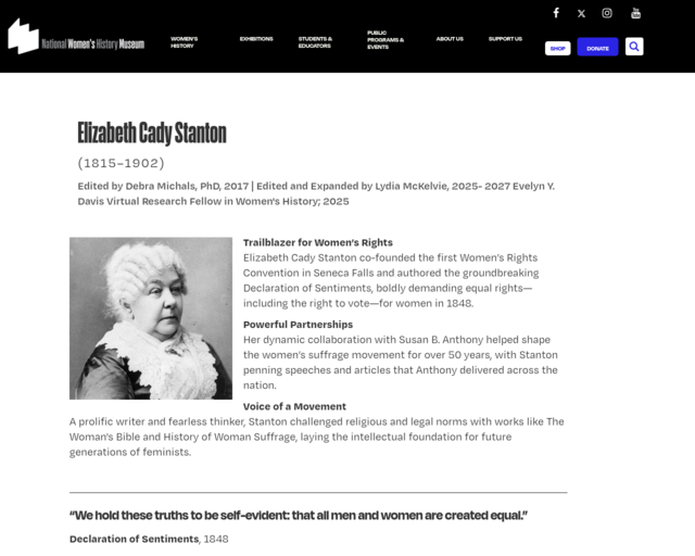 Screenshot of the Elizabeth Cady Stanton website
