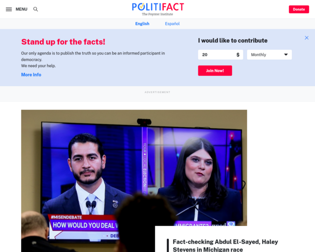 Screenshot of the Politifact website