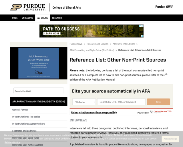 Screenshot of the Citing Interviews in APA website