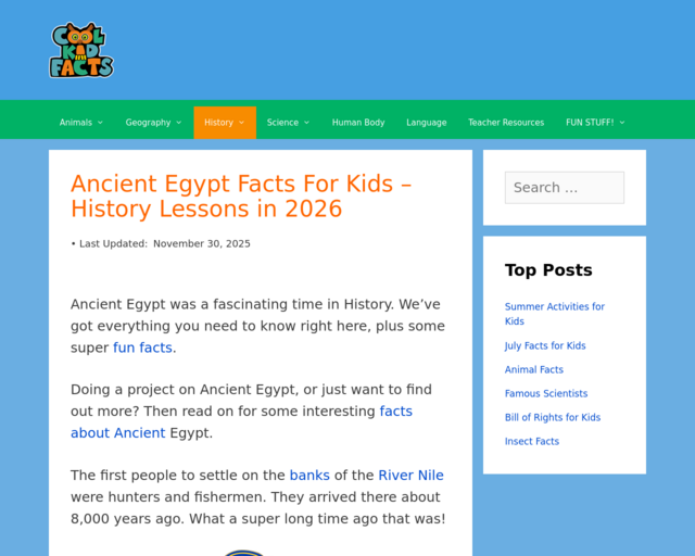 Screenshot of the Cool Kid Facts website