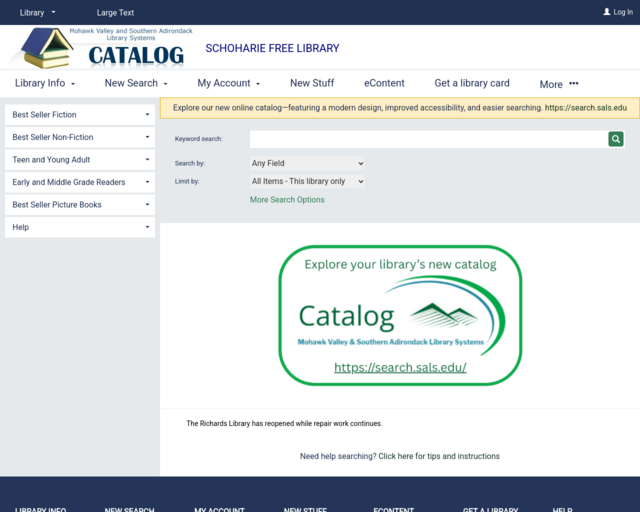 Screenshot of the Schoharie Free Library catalog website
