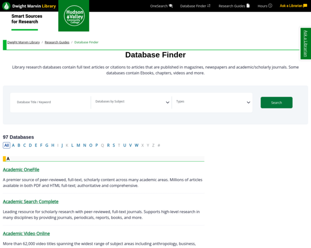 Screenshot of the HVCC Library Databases website