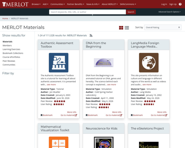 Screenshot of the MERLOT Materials website