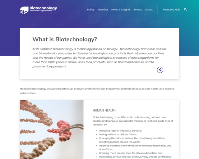 Screenshot of the Details about Biotechnology website