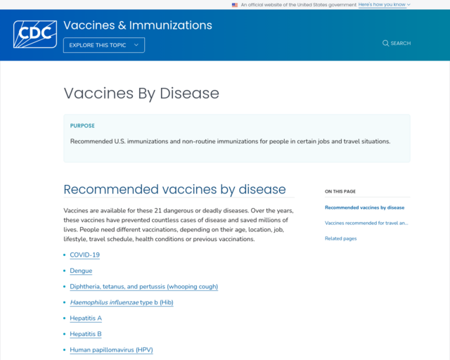Screenshot of the Vaccines by Disease website