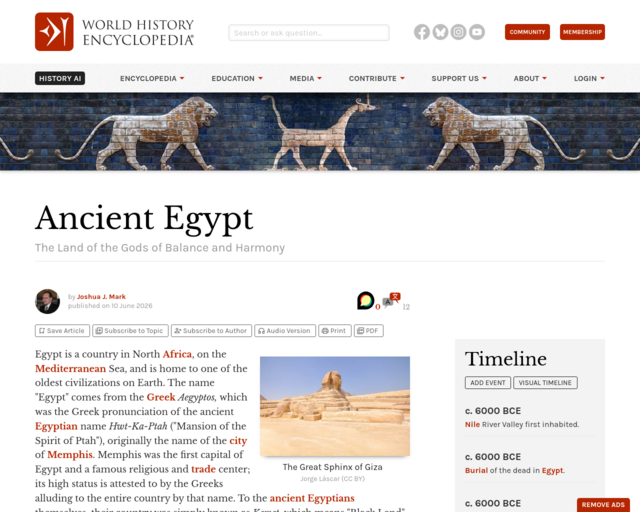 Screenshot of the Ancient Egypt - Ancient History Encyclopedia website