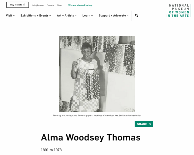 Screenshot of the Alma Thomas at the National Museum of Women in the Arts website