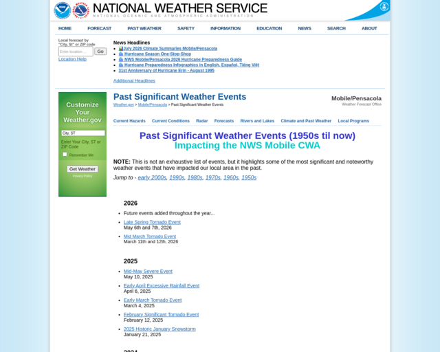Screenshot of the Extreme Weather History - National Weather Service website