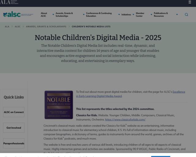 Screenshot of the American Library Association Biography Websites for Kids website