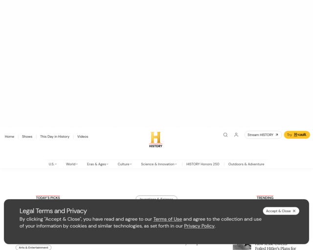 Screenshot of the History.com website