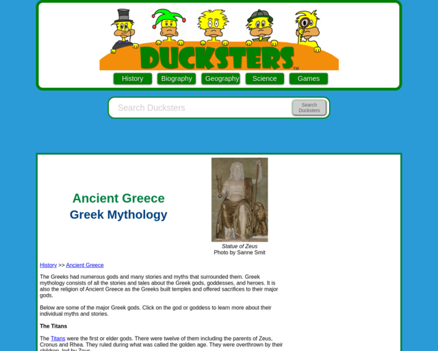 Screenshot of the Ducksters Greek Gods and Goddesses website