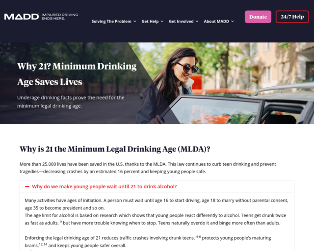 Screenshot of the Mothers Against Drunk Driving website