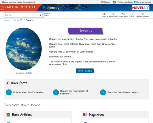 Screenshot of the Oceans @ Gale in Context website