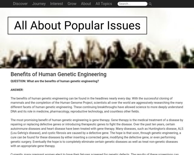 Screenshot of the Benefits of Genetic Engineering in Humans website