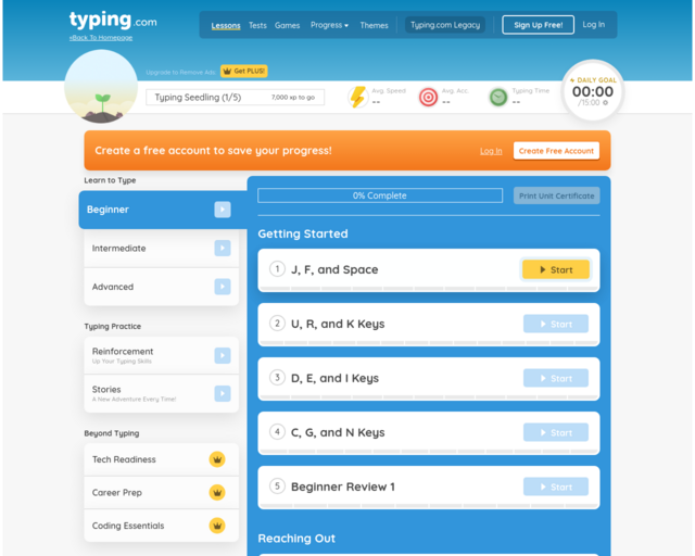 Screenshot of the Typing.com Lessons website